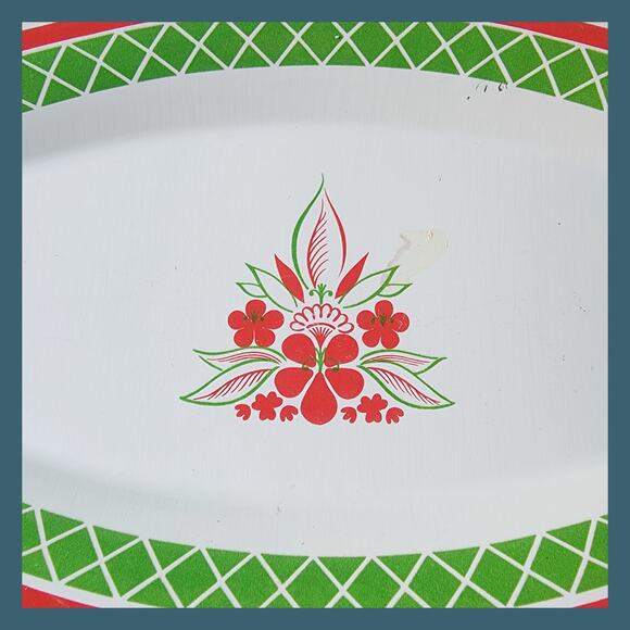 Vintage 1950s Small White French Enamelware Tray with Red and Green Accents - Picture 2 of 4